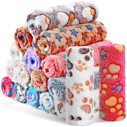 Chumia 18 Pcs Fleece Pet Blanket Soft Warm Sleep Mat Fluffy Cute Puppy Supplies Paw Bone Star Elephant Dot Heart Print Design Bed Blankets for Dog Cat Kitten Animals (41 x 30 Inch,Sweet)