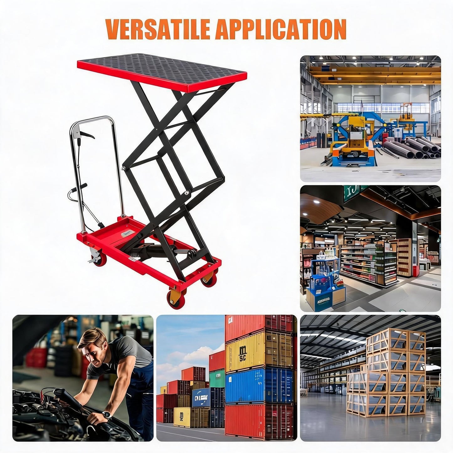 Hydraulic Double Scissor Lift Table Cart, 330 LBS Load Capacity, 50" Adjustable Height, Non-Slip Platform & 4 Universal Wheels, Heavy Duty Lift Table for Material Handling, Red