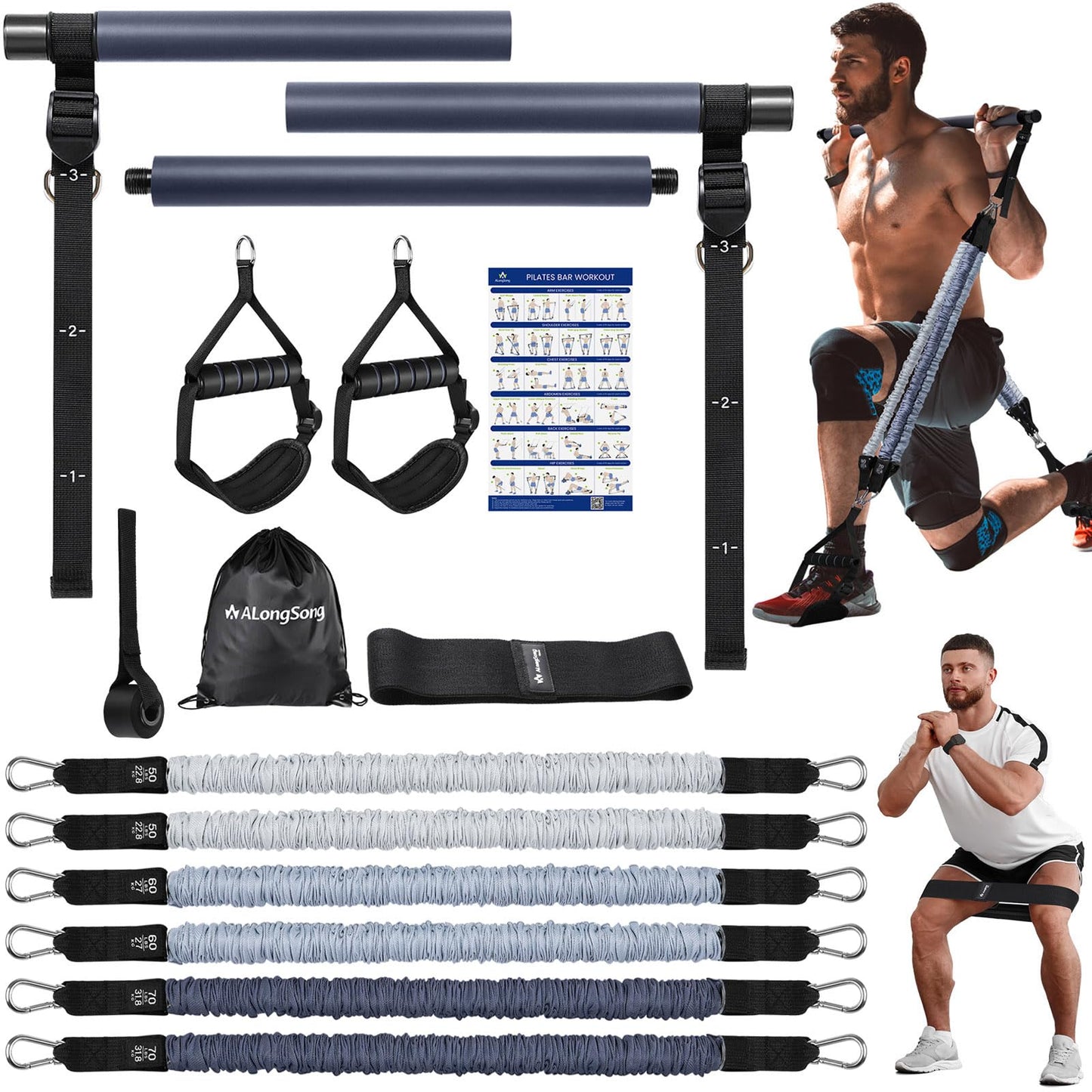 ALongSong Resistance Bands Set Men With Pilates Bar Set 6 Latex Exercise Bands 50-360Lbs/Handles Door/Anchor Pilates Equipment For Home Gym Workout Fitness