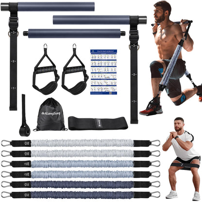 ALongSong Resistance Bands Set Men With Pilates Bar Set 6 Latex Exercise Bands 50-360Lbs/Handles Door/Anchor Pilates Equipment For Home Gym Workout Fitness
