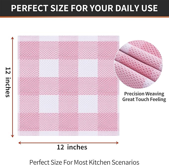 Homaxy 100% Cotton Waffle Weave Check Plaid Dish Cloths, 12 x 12 Inches