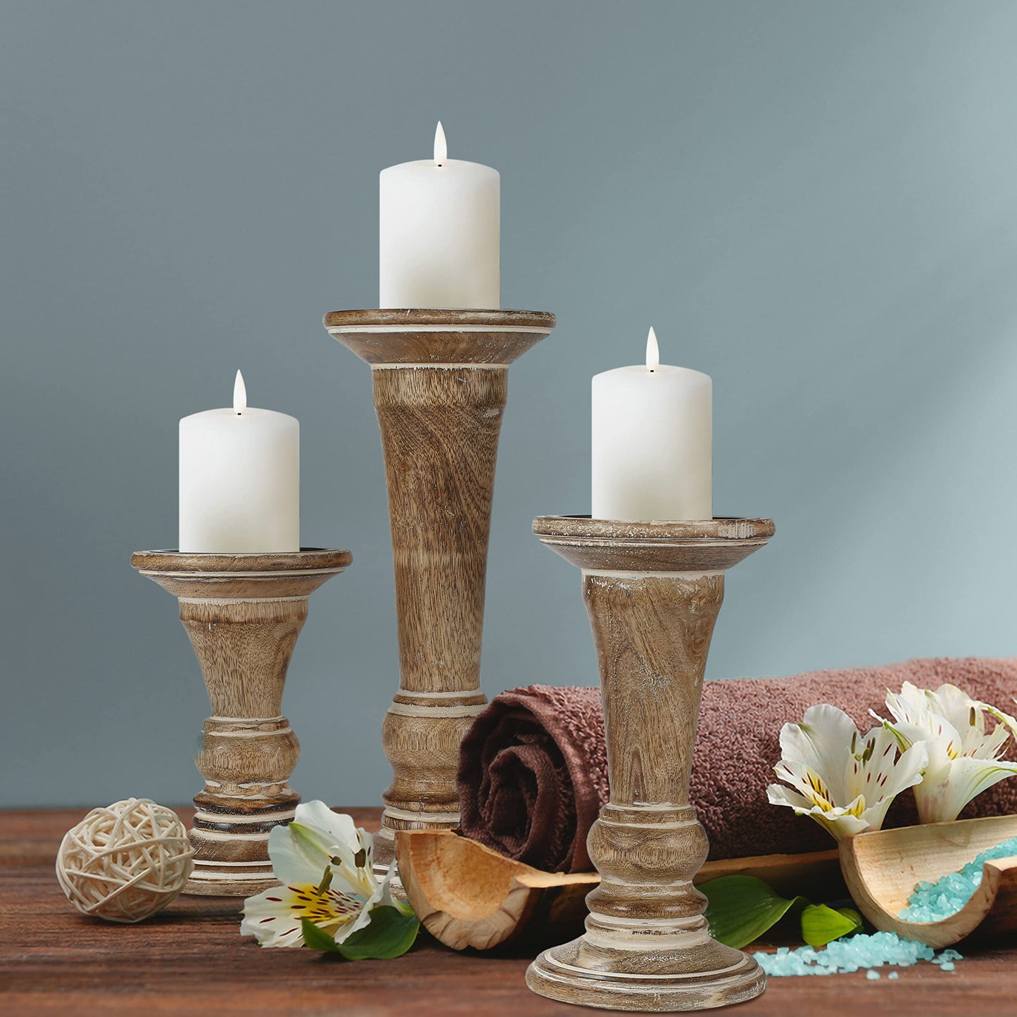 Hand Crafted Decorative Wooden Pillar Candle Holder Stand Siren Shape, Rounded Turned Colums, Country Style Ideal for Gift, Wedding, Christmas, Party, Home, Spa - 10,8,6 Inch Set of 3 - White Wash