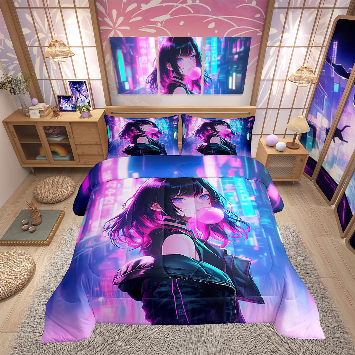 Erosebridal Anime Girl Comforter Set Full Size, Kawaii Japanese Anime Quilt for Kids Boys Teens Adult, Cartoon Girl Bedding Set Japan Animation Bedroom Decor, Machine Washable, Lightweight
