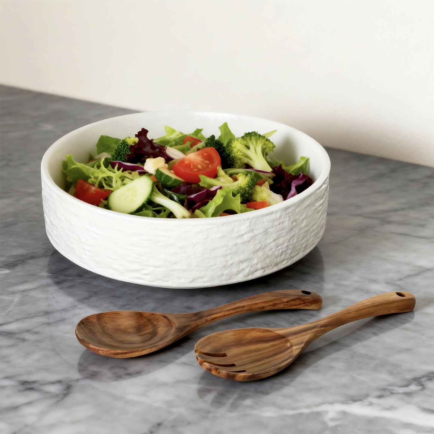 seicasaya 10 Inch Ceramic Salad Bowl with Acacia Wood Serving Spoon and Fork Set High Temperature Fired Stone Texture Large Serving Bowl for Pasta Fruit Popcorn Modern Centerpiece Bowl (White)