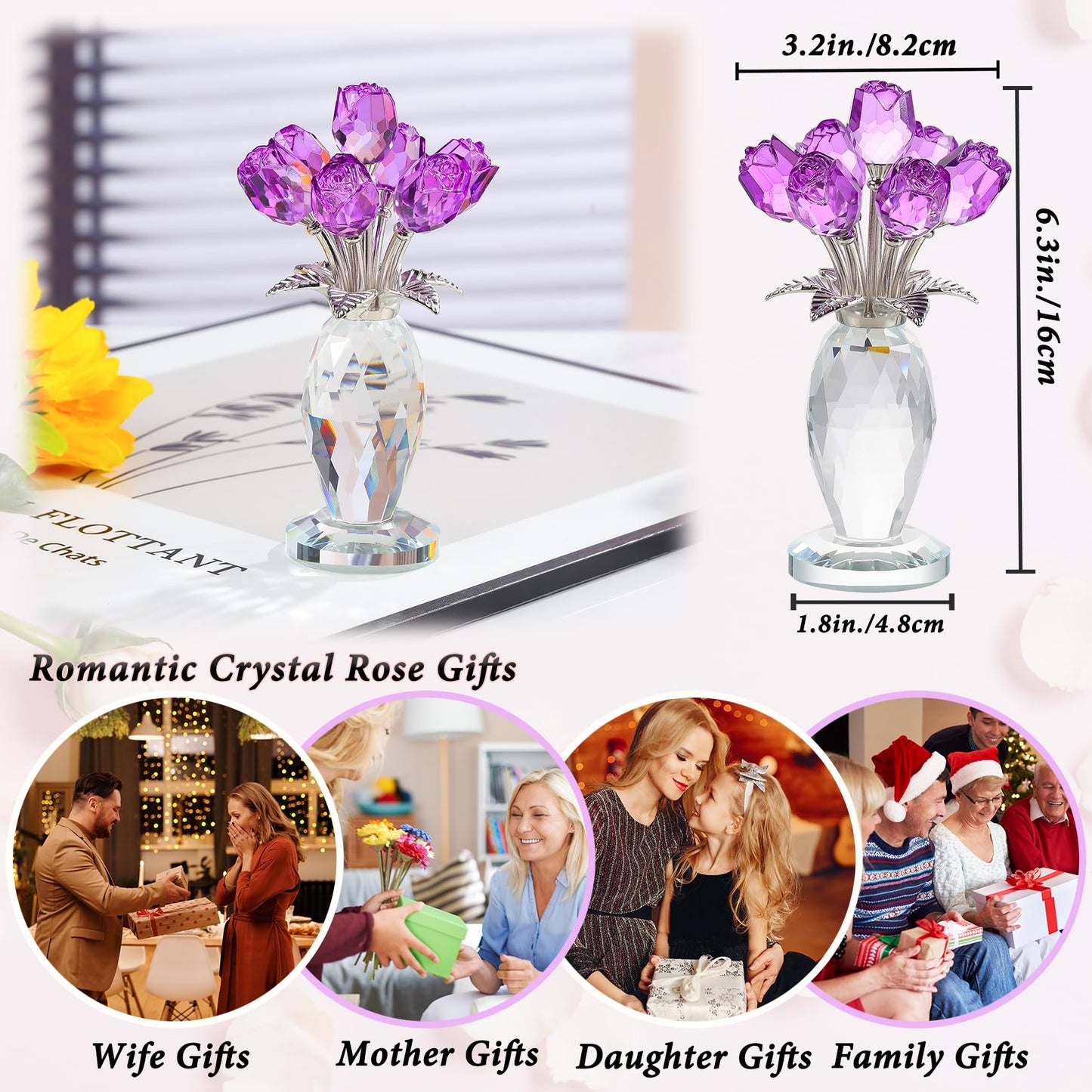 Arikyrist Crystal Purple Rose Flower Figurine with Vase, Handmade Romantic Rose Gifts Bouquet for Wife Mom Women, Glass Rose Flower with Stem Home Decor for Valentine Mother's Day Christmas
