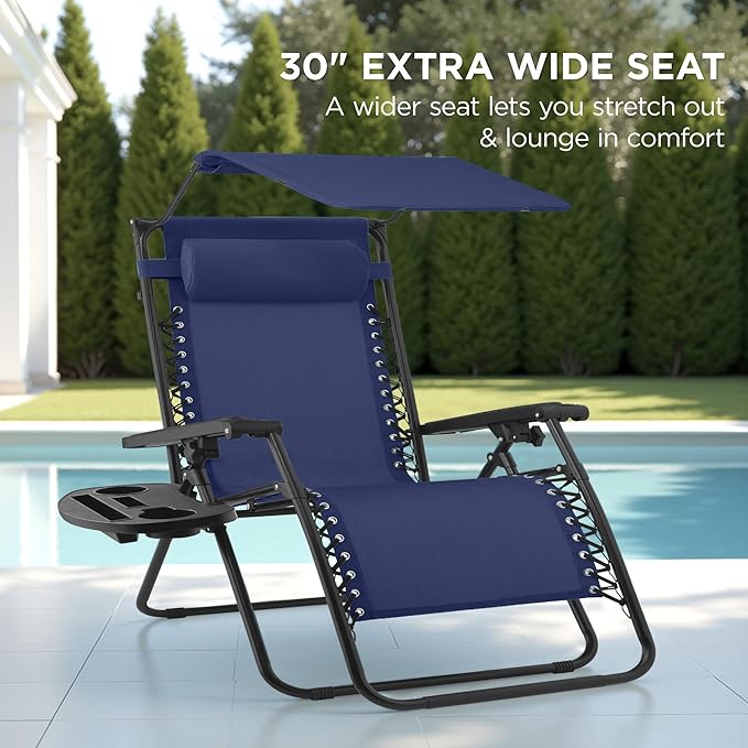 Best Choice Products 30” Wide Folding Zero Gravity Outdoor Recliner Patio Lounge Chair w/Adjustable Canopy Shade, Headrest, Side Accessory Tray - Navy Blue