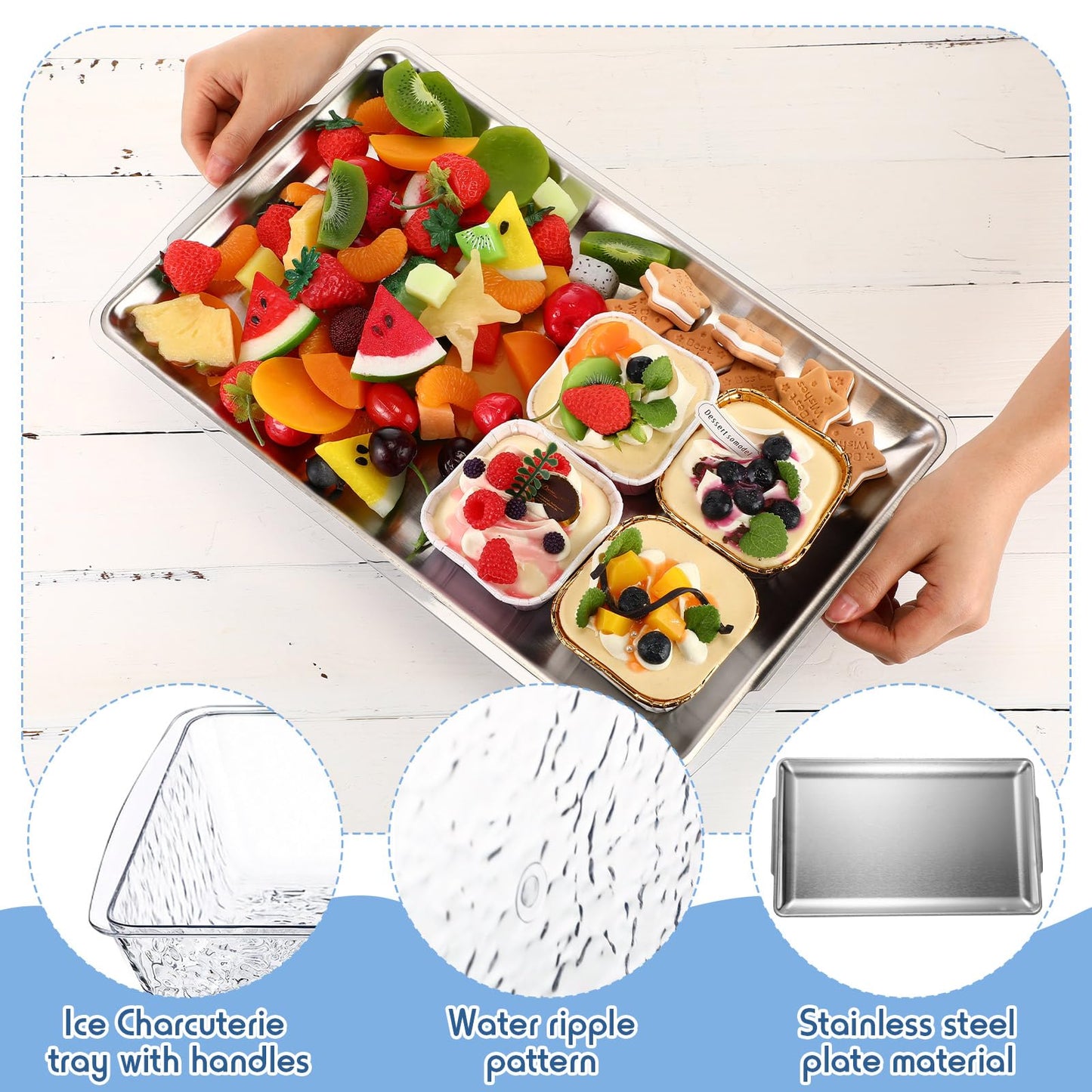 Baderke 1 Set 16" x 9'' Chilled Serving Tray for Parties with Compartments Rectangle Serving Dish Ice Charcuterie Party Platter for Shrimp Fruit Seafood Vegetable Appetizer (Silver)