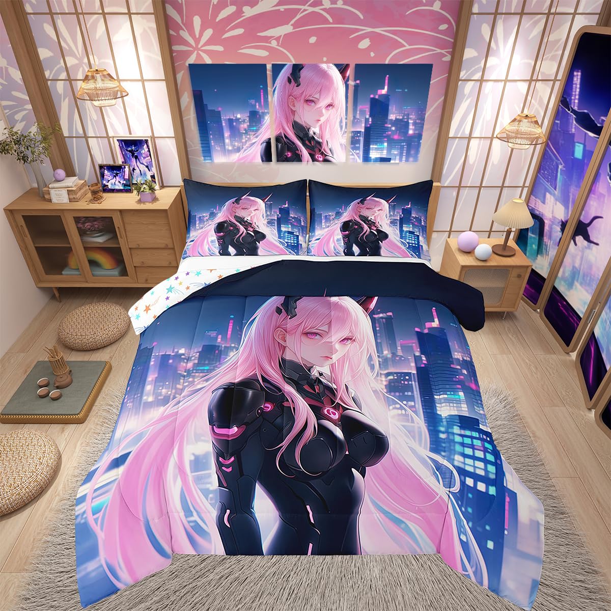 Erosebridal Japanese Anime Comforter Set Full Size, Anime Girl Bedding Set Kawaii Japanese Style Quilt Cartoon Japan Animation Duvet Insert for Boys Teens Adult Women Bedroom Decor