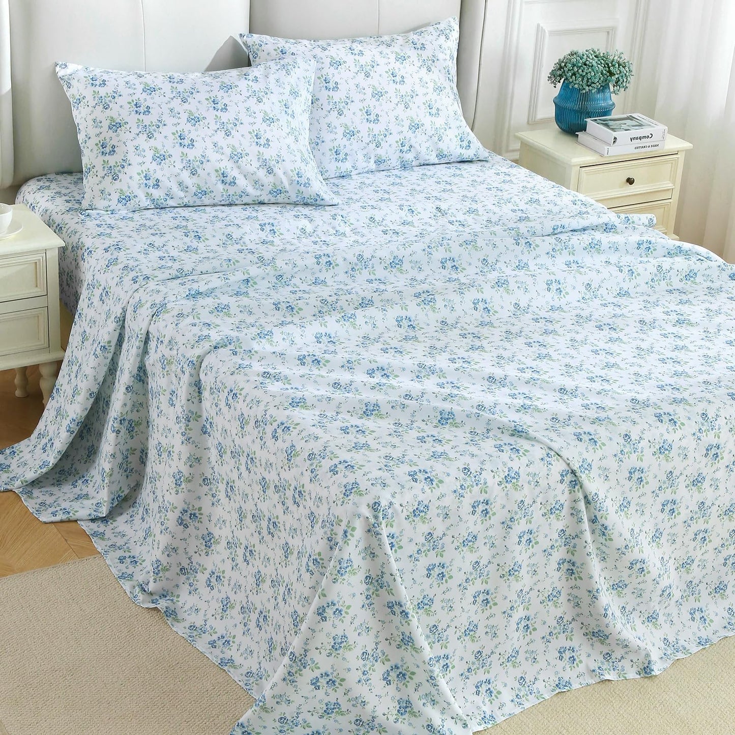 MUXHOMO King Size 4 Piece Sheet Set, Soft Breathable Bed Sheet Set for Bedroom with Deep Pocket Up to 16", Wrinkle-Free & Cooling Bedding for Oeko-TEX Certified - Blossoms Light Blue