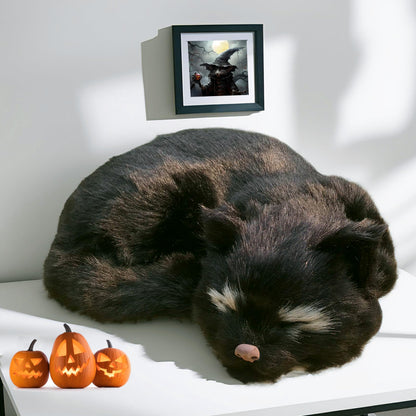 Lifelike Black Sleeping Cat Figurine - Realistic Curled Up Void Kitten Statue, Faux Fur Kitty House Panther Decor, Handcrafted Goth Halloween Decoration Home Office Gift