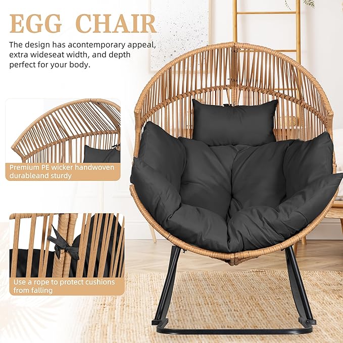 Vongrasig Wicker Rocking Egg Chair PE Rattan with Cushion, Oversized Patio Lounge Rocker Chair for Outdoor, Indoor, Balcony, Backyard, Garden, Black