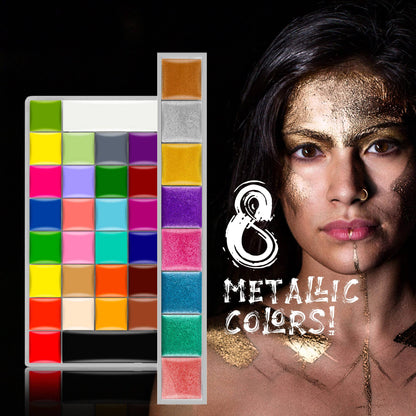 CCbeauty 36 Colors Face Paint,Professional Face Painting Kit,Neon Body Paint Palette Kit,Non-Toxic Special Effect SFX Makeup Kit,Halloween Costume Cosplay For Adult,Translucent Loose Powder,10 Brushes