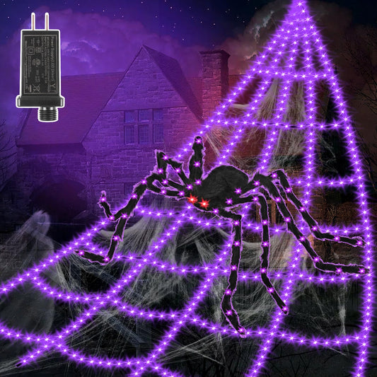 Halloween Decorations Outdoor Spider Web Lights - 550 LED 16.4Ft Spiderweb with 4Ft Large Light Up Spider, Waterproof, 8 Modes Memory Function for Outdoor Yard Halloween Decor (with Spider)