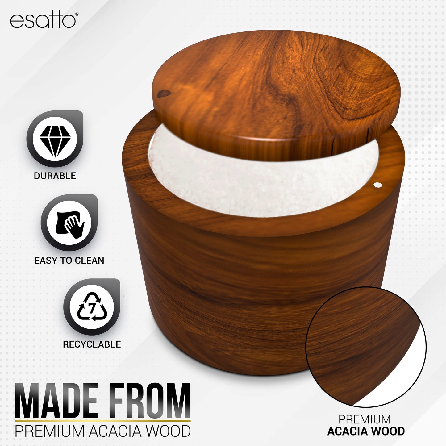 Esatto Round Acacia Wooden Salt Box, Magnetic Swivel Lid, Salt pepper or Spice Storage Box, 2 Wine Pourers Included