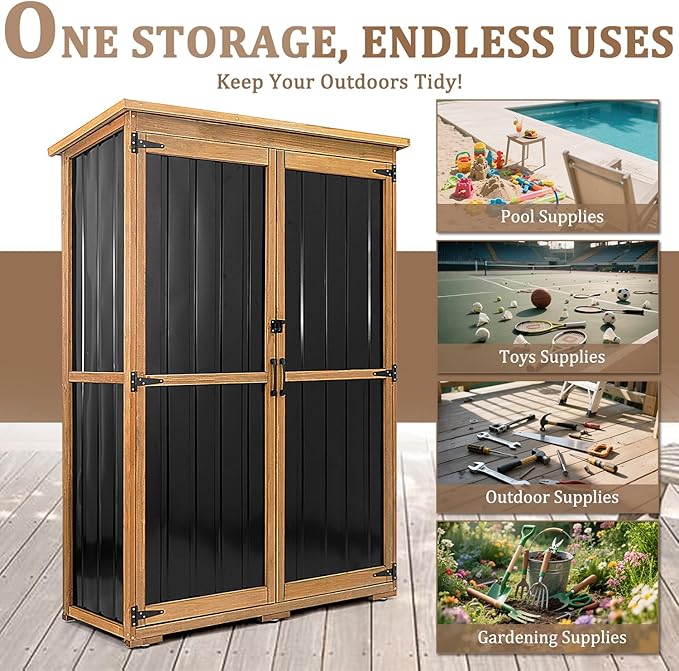 PetsCosset 46" L Large Outdoor Storage Cabinet with Shelves, Wood & Metal Storage Shed Weather-Resistant, Outside Storage Cabinet for Garage Patio Backyard Garden with Waterproof Roof