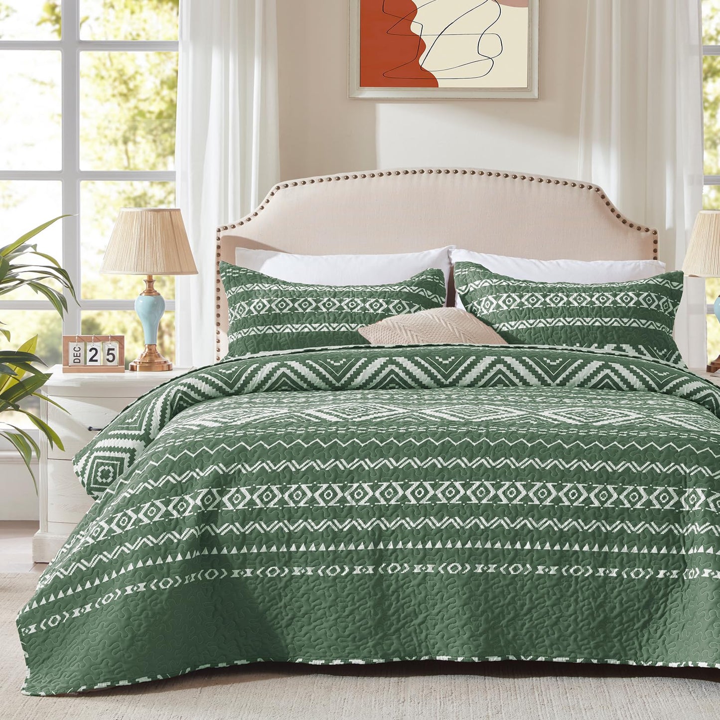 LEAONME 3 Pieces Full Queen Size Olive Green Quilt Set with Checkered Pattern Lightweight Oversized Bedspread 90''x98'' Soft Coverlet Warm Bed Cover for All Seasons (1 Quilt, 2 Pillow Shams)