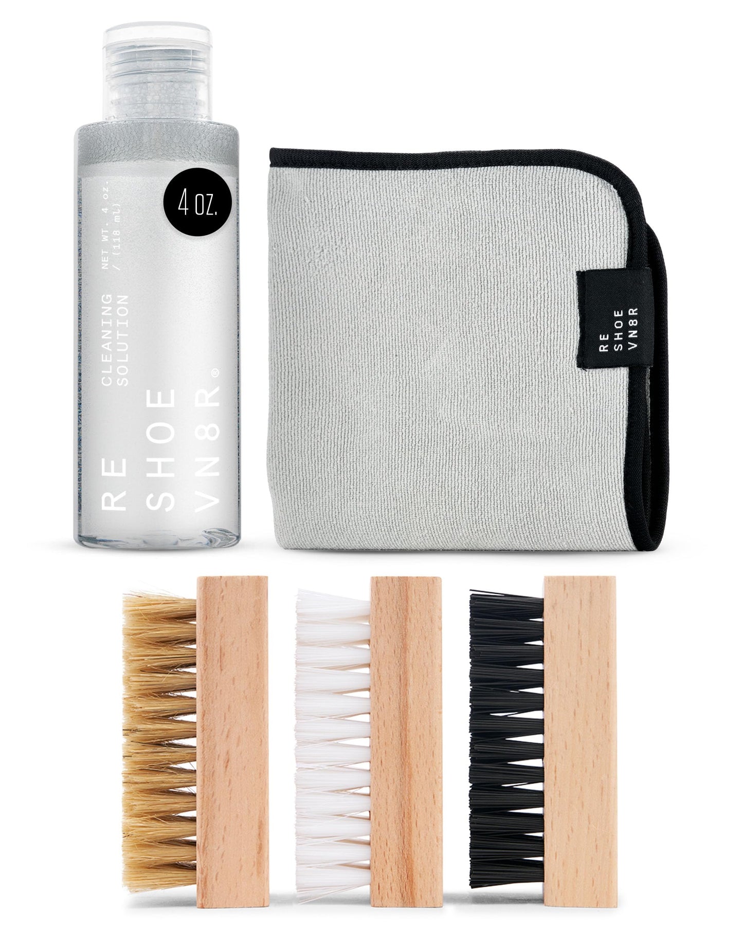 Resheovn8r Essential Kit 5 Piece Set Trainer Care Shoe Cleaning 3 Brushes Microfiber Towel 4 oz of Solution 50 Cleans
