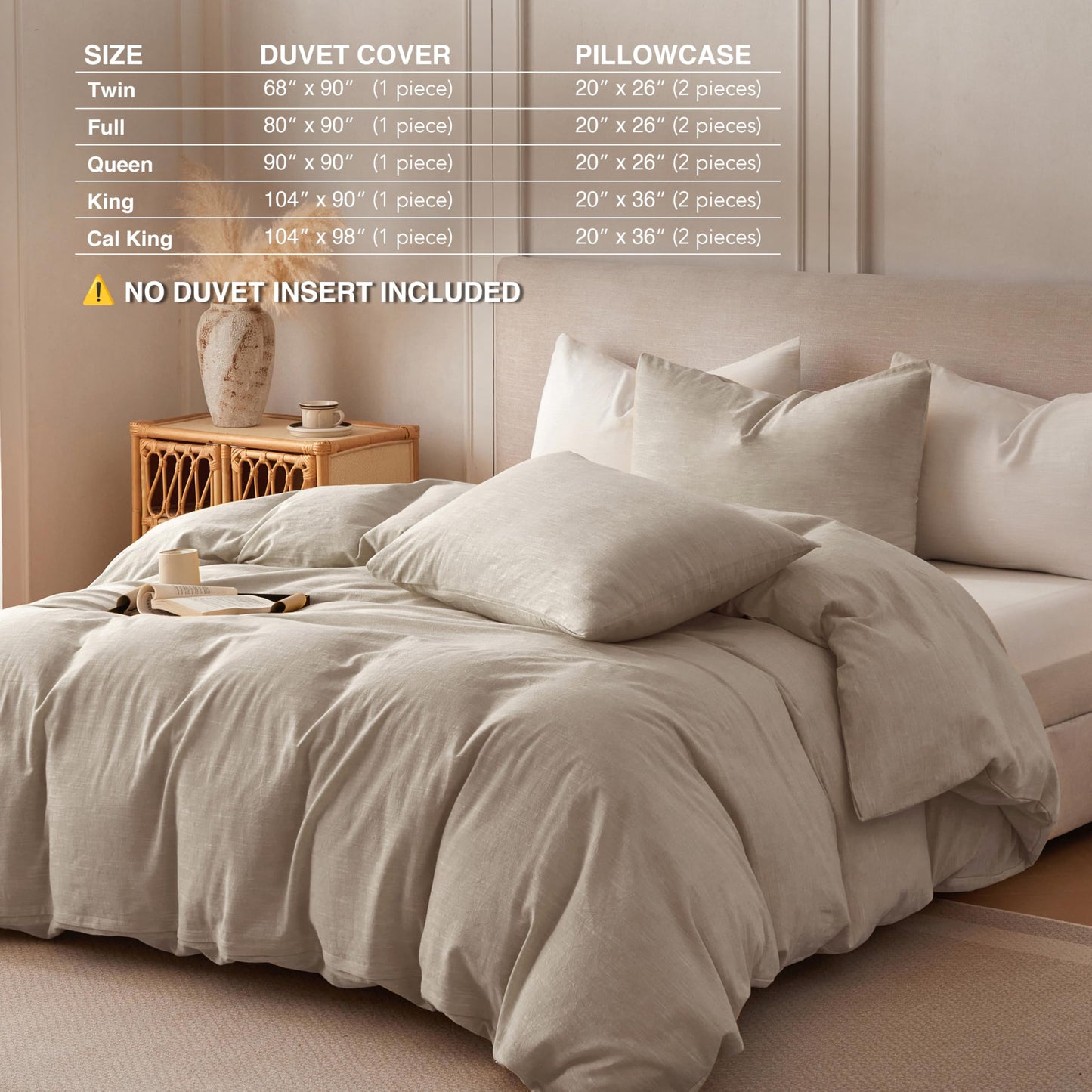 BFS HOME Linen Duvet Cover Queen Size - Soft Breathable Cotton Linen Blend, 3-Pieces Bedding Set with 2 Pillowcases, Stonewashed Texture, Khaki, All-Season Comfort