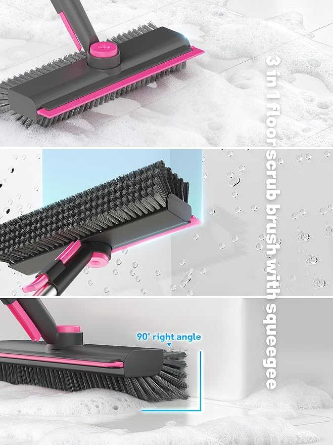 Floor Scrub Brush with Long Handle, 3 in 1 Multi-angle Swivel Right Angled