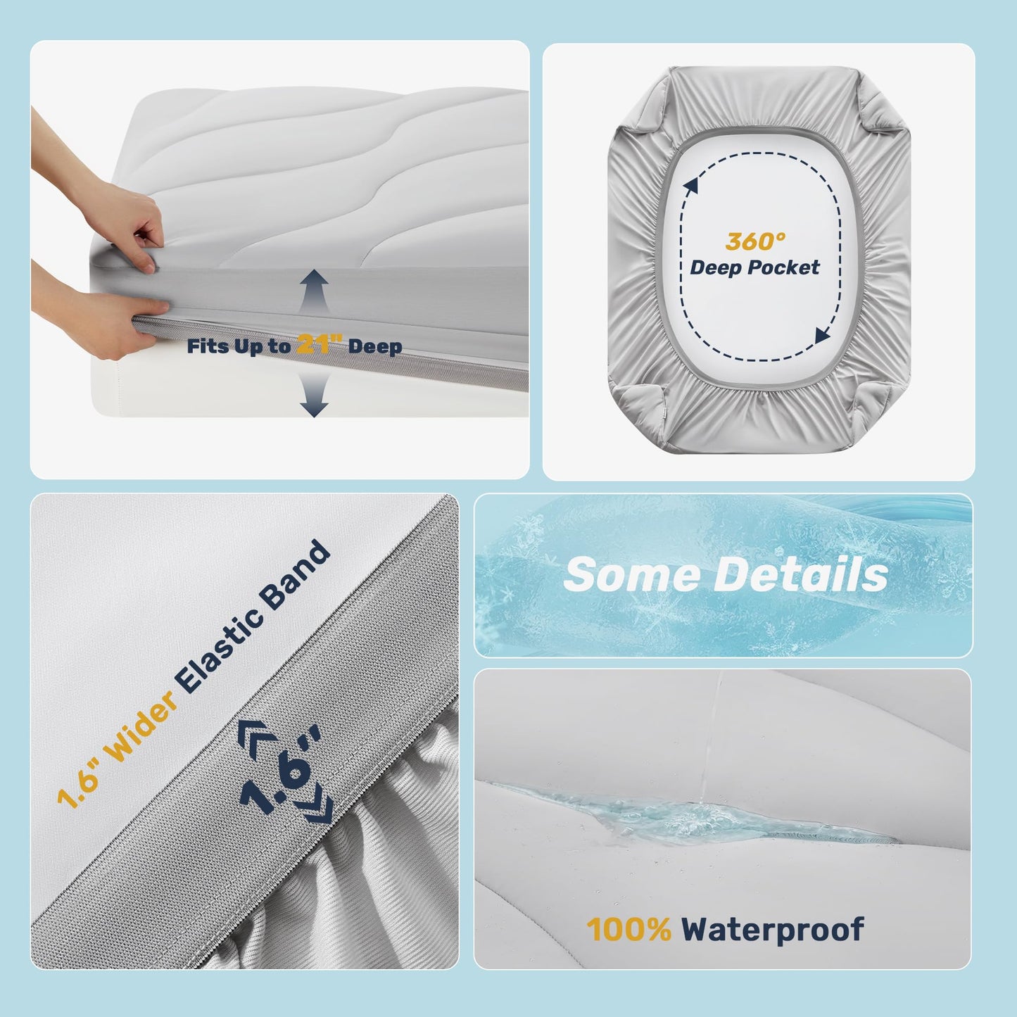 Unikome Ultra Soft Waterproof Mattress Pad Queen, Cooling Mattress Protector for Hot Sleepers, 5-Layers Noiseless Washable Mattress Cover with 8"-21" Deep Pocket (Light Grey, 60x80)