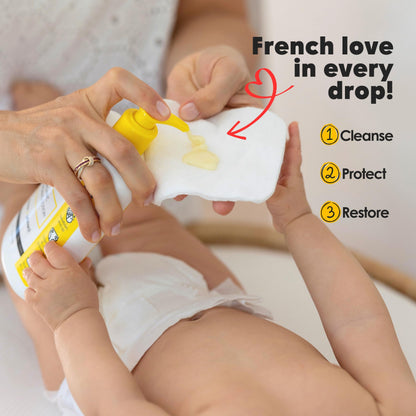 La Petite Creme Premium French Diapering Gift Set: Includes Organic Diapering Lotion (8 oz), Travel-size Liniment Baby Lotion (2 oz), 1 Travel-size Diaper Balm (1 oz), 50 Disposable Cotton Pads