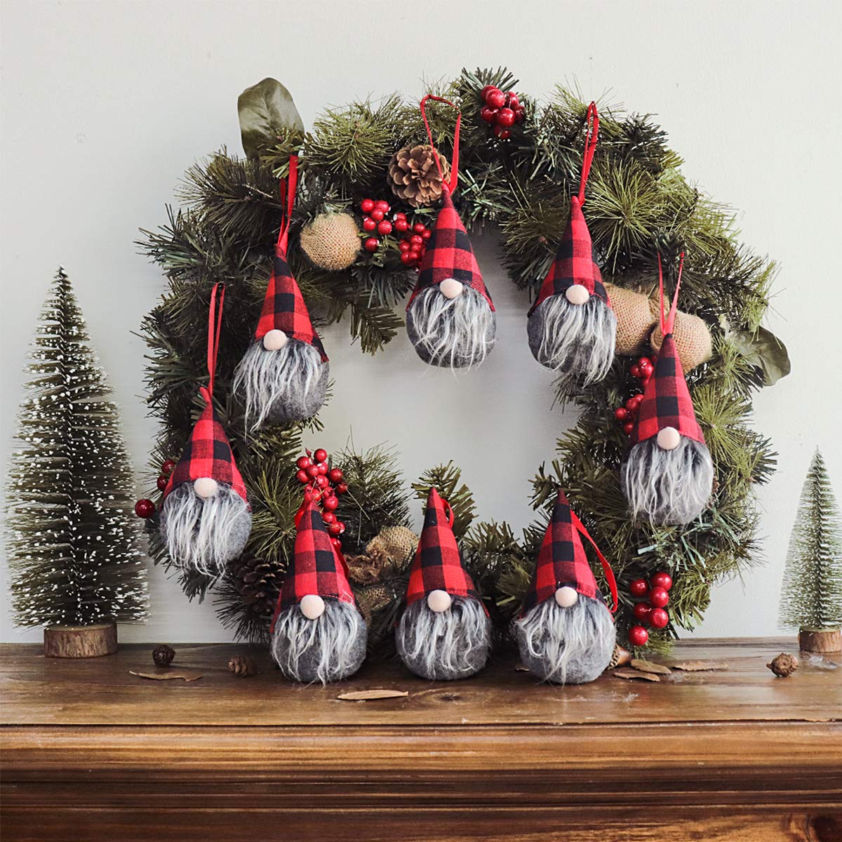 Ivenf 8 Pack 5.5 Inch Handmade Plush Tomte Gnome Hanging Ornaments, Swedish Scandinavian Santa with Buffalo Check Plaid Hat, Christmas Decorations