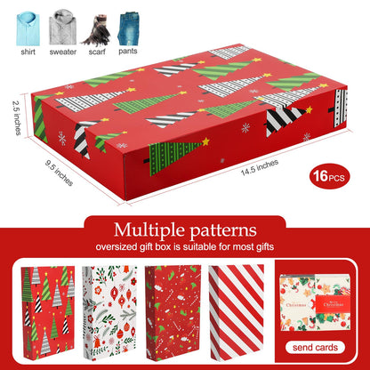 joyhalo 16 Pcs Christmas Gift Boxes with Lids for Presents Bulk 14.5" x 9.5" x 2.5" Large Gift Boxes for Clothes, Wrapping Xmas Robe, Shirt, Goody for Christmas, Birthdays, Wedding, 4 Designs