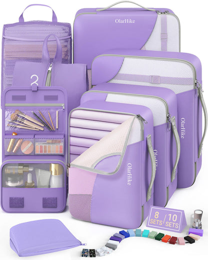 8 Set Packing Cubes for Travel, Gifts for Women Mom,Anti-Tearing Suitcase Organizer for Luggage with Shoe & Hanging Toiletry Bag,OlarHike Vacation Essentials & Accessories for Cruise Ship