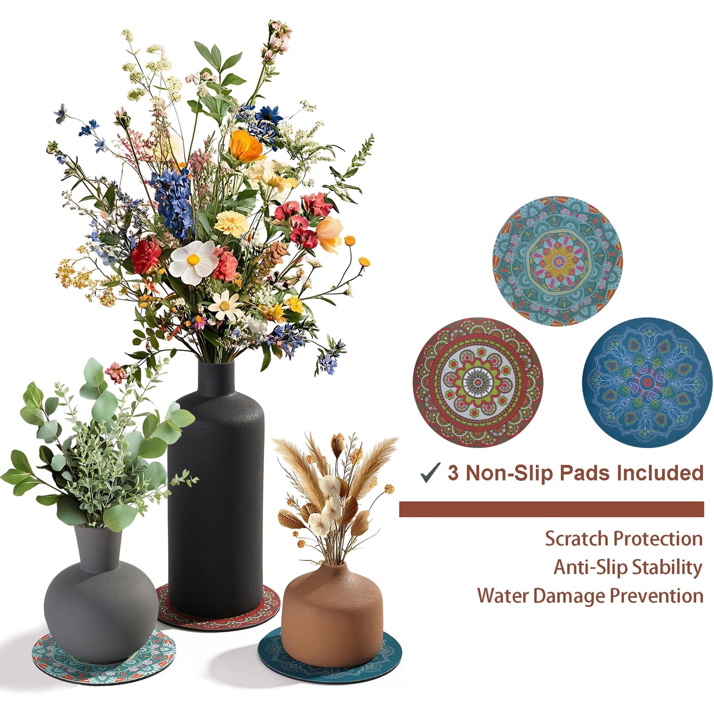 Ceramic Vase Set of 3 - Matte Textured Rustic Farmhouse Vases Home Decor, Modern Neutral Flowers Vases for Shelves Decor, Kitchen Shelf, Living Room, Mantel and Entryway with Non-Slip Pads