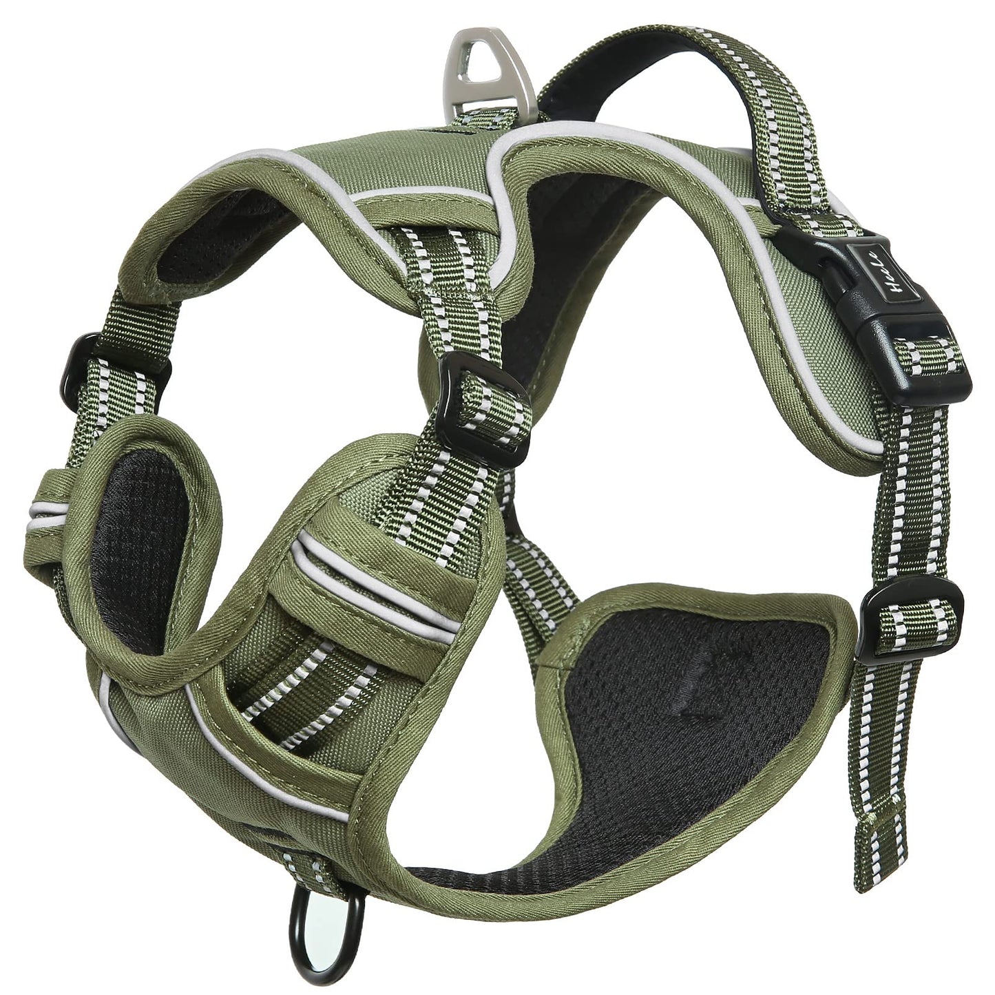 HEELE Dog Harness, Reflective Dog Harness, with Padded Handle Control, 2 Metal Rings, Harness for Small Medium and Large Dogs, Army Green, M