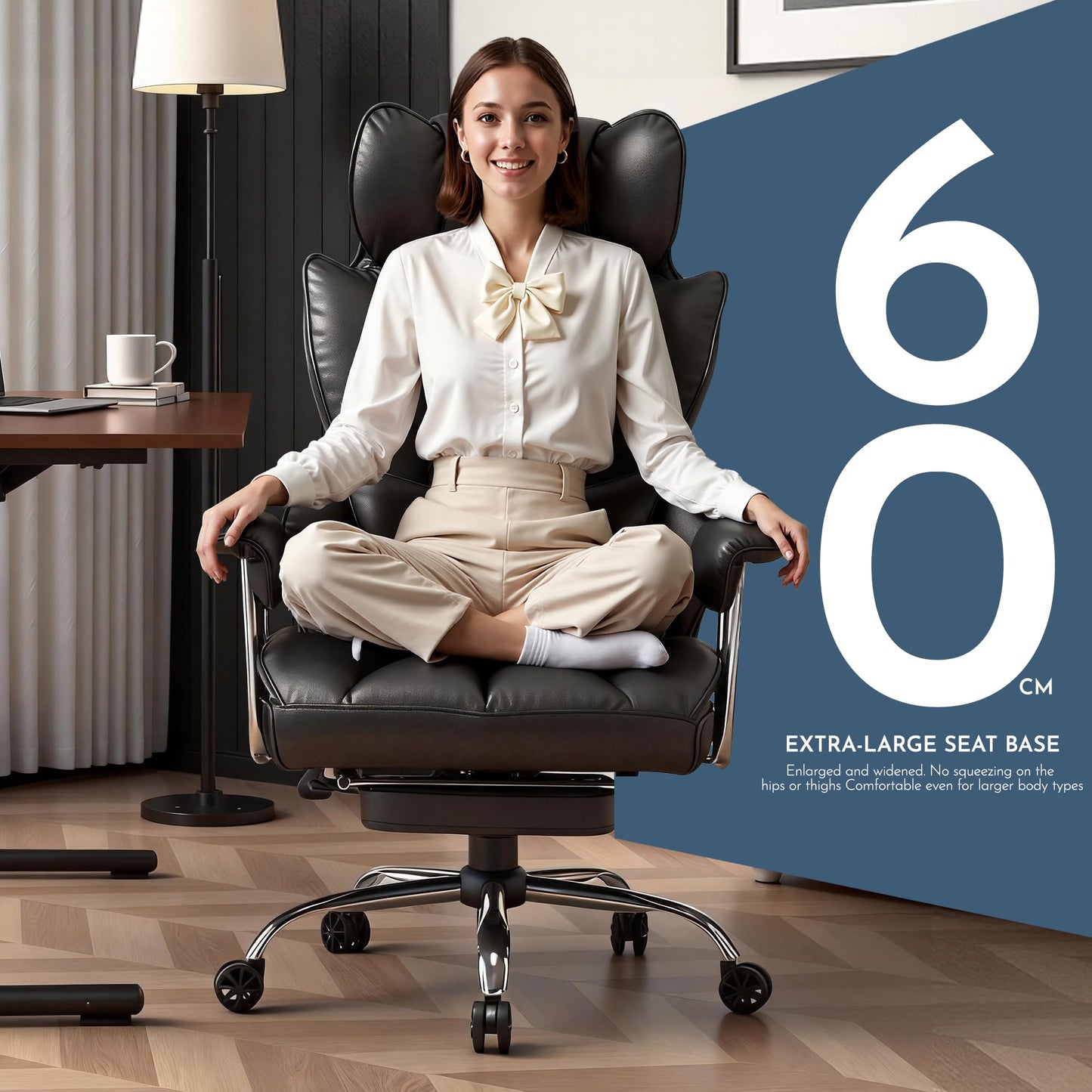 Efomao Big and Tall Office Chair 400lbs, Executive PU Leather Desk Chair with Footrest & Lumbar Support, Heavy Duty Computer Seating for Home, Black