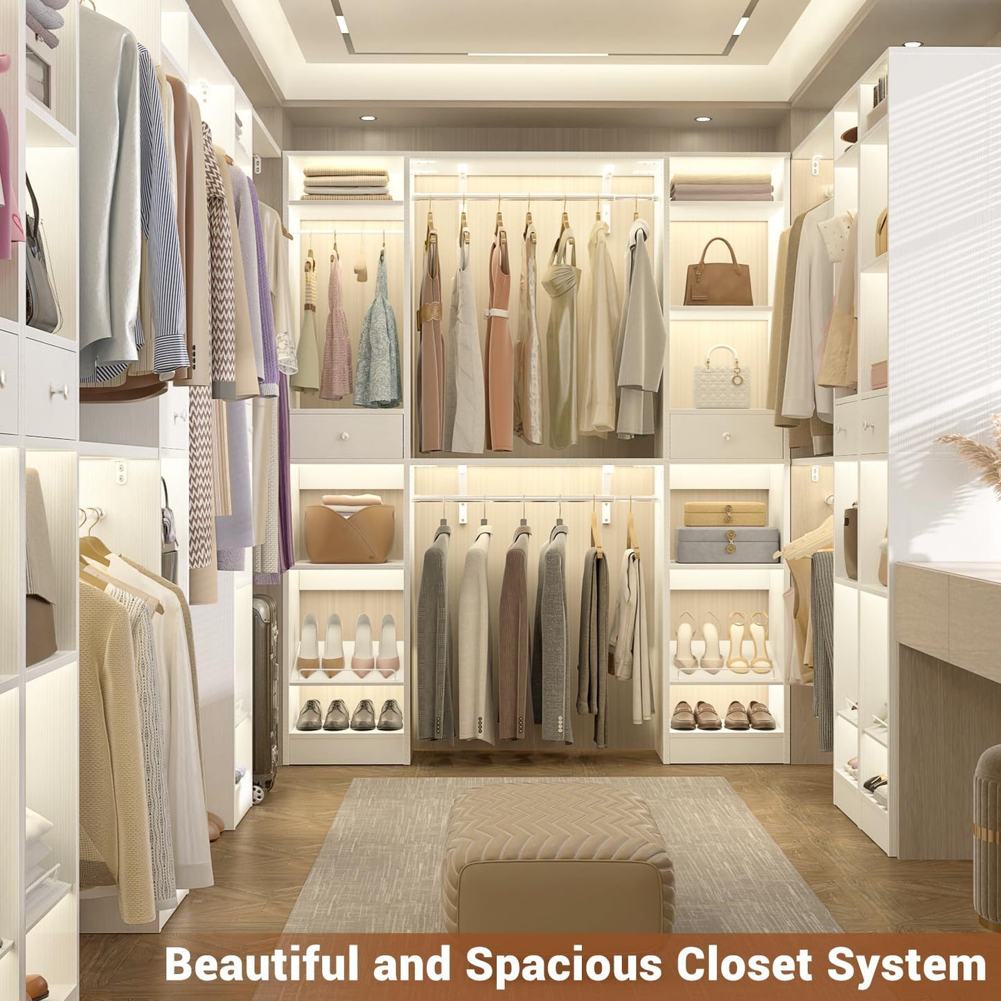 Unikito 58" W - 90" W Closet System, Large Walk in Closet Organizer with 3 Hanging Rods and Shelves, Heavy Duty Wood Closets Wardrobe with 2 Drawer & Shoe Rack, Sturdy Reversible Clothing Racks, White