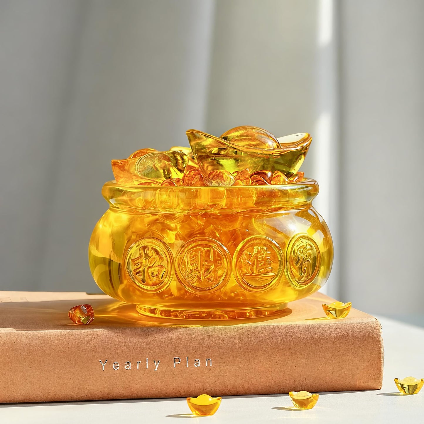YU FENG 4.7'' Crystal Glass Wealth Bowl with Gold Ingots, Large Wealth Symbol Decor, Prosperity Ornament, Lucky Gift for Home Office Desk Decoration