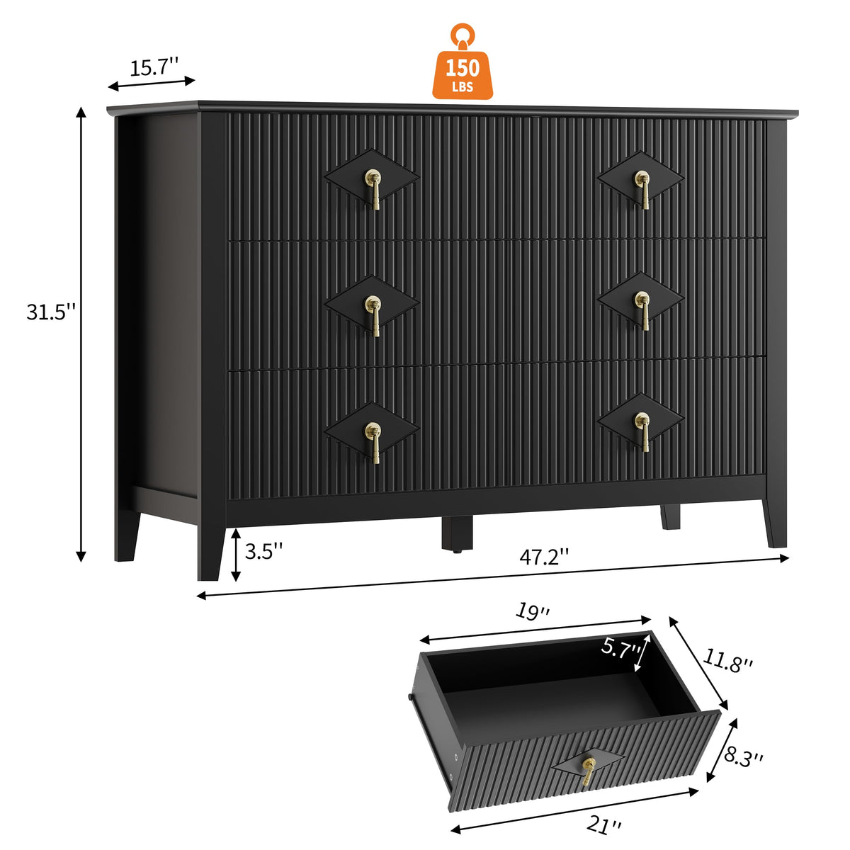 GarveeHome Fluted Dresser for Bedroom, 47.2 Inch Wide 6-Drawer Wood Dresser, Modern Chest of Drawers, Storage Organizer Cabinet for Living Room, Hallway, Entryway, Black