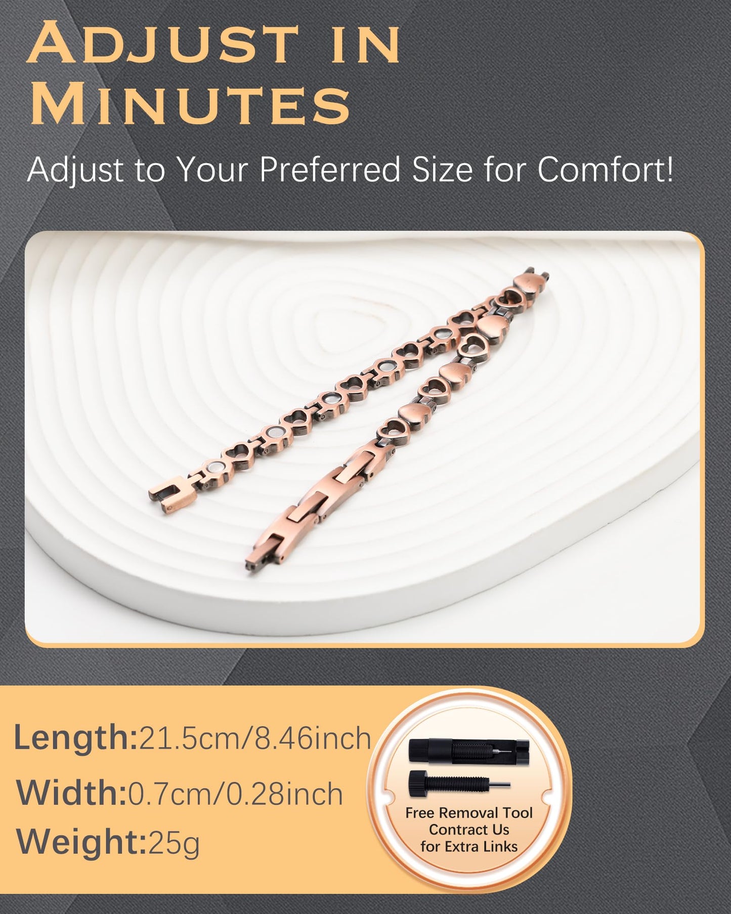 Jeracol Copper Magnetic Bracelets for Women,99.99% Solid Copper Women Wristband with Ultra Strength 3500 Guass Magnets,Adjustable Size Brazaletes with Remove Tool & Gift Box