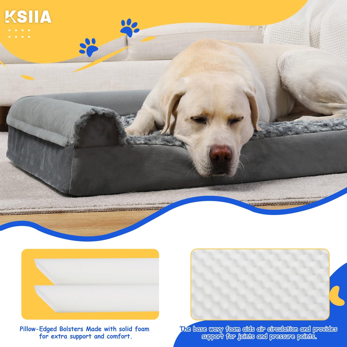 KSIIA Large Dog Bed, Orthopedic Dog Sofa Beds Pet Bed, Dog Couch with Removable Washable Cover, Waterproof Dog Bed, Pet Sofa with U-Shape Bolster, Grey 90x57x16cm