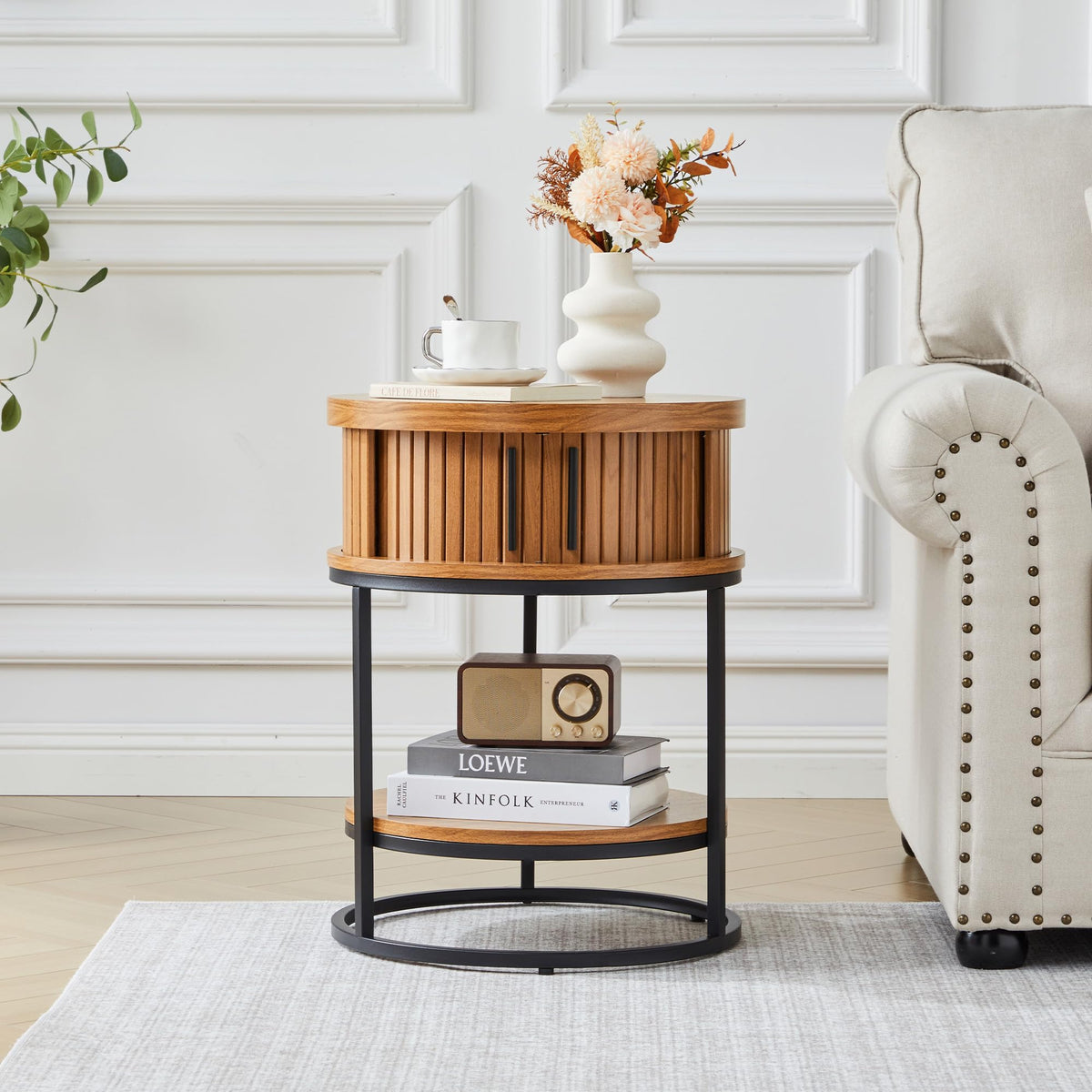 Turtle&Myrtle Small Round Side Table with Storage, 2-Tier Wooden End Table with Sliding Door and Shelf, Mid-Century Circle Nightstand for Living Room, Bedroom, Walnut, 2PC