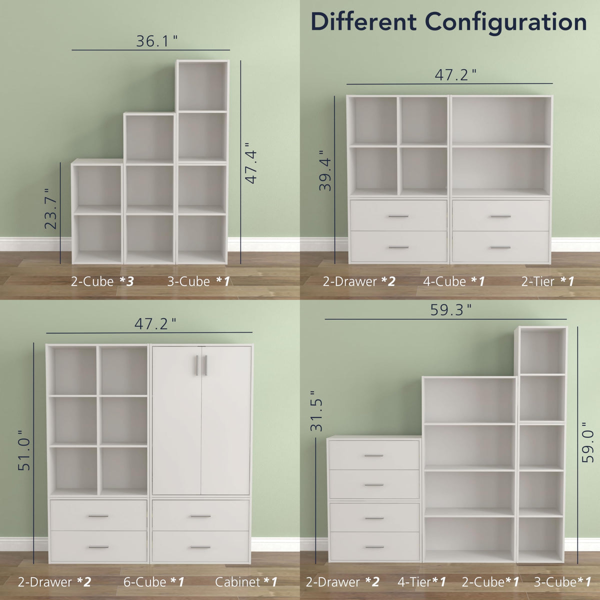 Homes: Inside + Out Apexa 4-Cube Storage Organizer Shelves, Stackable Wood Bookcase Fits Cubby Bins for Organization, Dorm Teen Room Decor & Home Office, White