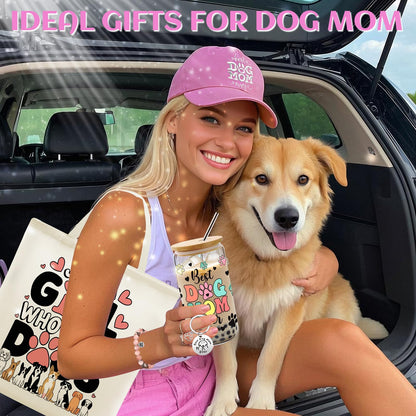 9 Pieces Dog Mom Gifts for Women, Best Dog Lovers Gifts for Women with 16oz Glass Cup, Baseball Cap, Tote Bag, Makeup Bag, Socks, Bracelet, Keychain for Dog Lover Birthday Christmas Mothers Day Gift