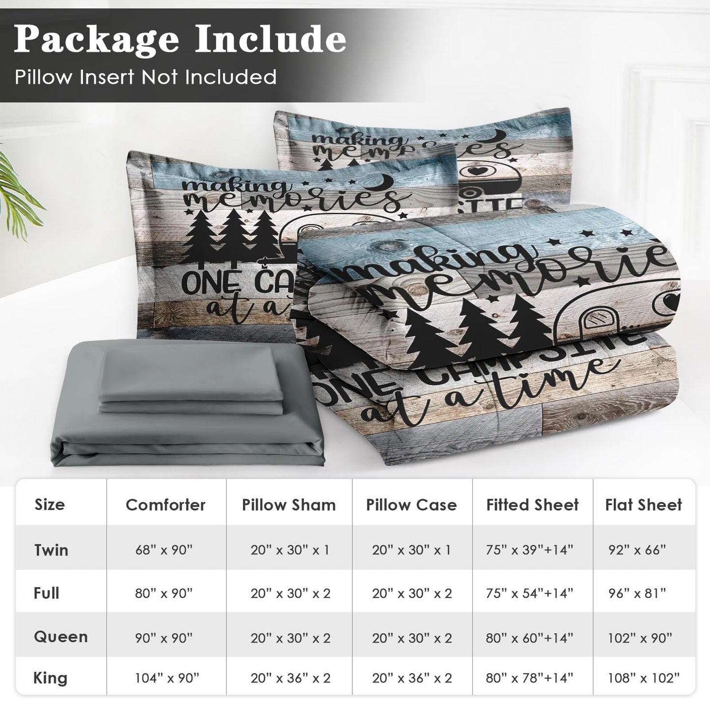 WeCozy 7 Pcs Queen Size Comforter Set with 2 Pillowcases & 2 Shams, Retro Wood Camp Camper Bedding Set for Kids and Adults, Inspirational Motivational Bed in a Bag with Flat Sheet and Fitted Sheet