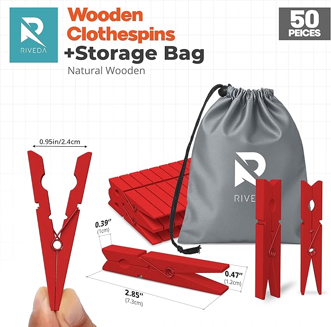 RIVEDA 50pcs Colored Wooden Clothes Pins, Clothespins