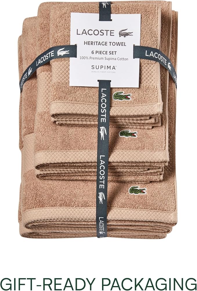 Lacoste Heritage Supima Cotton 6-Piece Towel Set, 2 Bath Towels, 2 Hand Towels