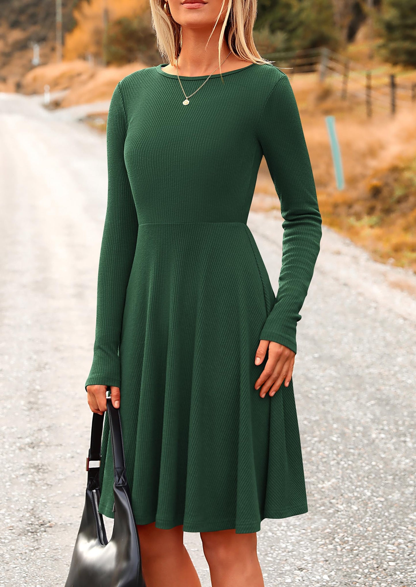 PRETTYGARDEN Women's Fall Short Dress Ribbed Knit Crewneck Long Sleeve A Line Flowy Casual Elegant Going Out Winter Dresses (Dark Green,Large)