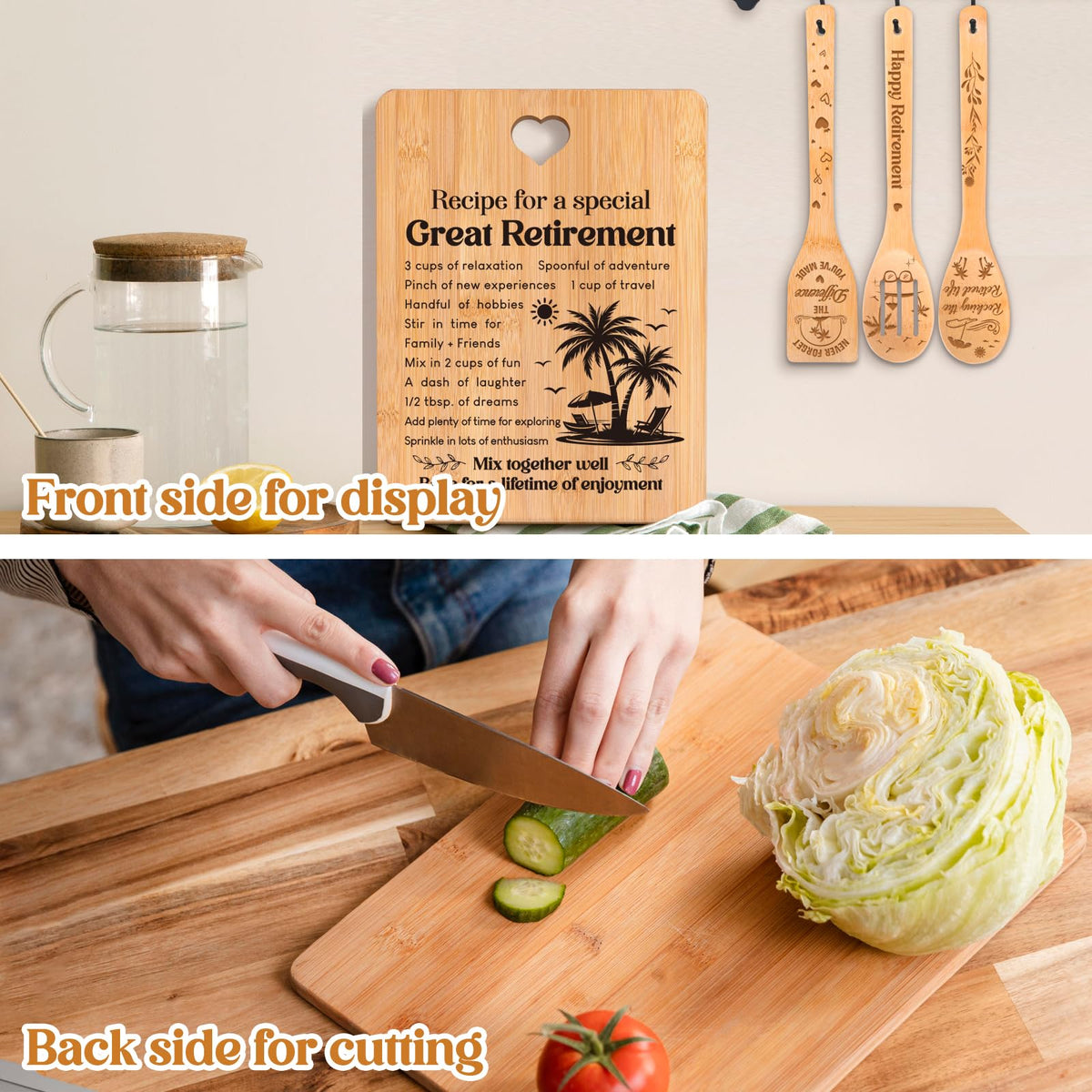 Retirement Gifts for Woman/Men 2026, Happy Retirement Bamboo Cutting Board Set for Colleagues, Coworker, Friend, Teacher, Boss, Parents, Family - Recipe for a Special Great Retirement.
