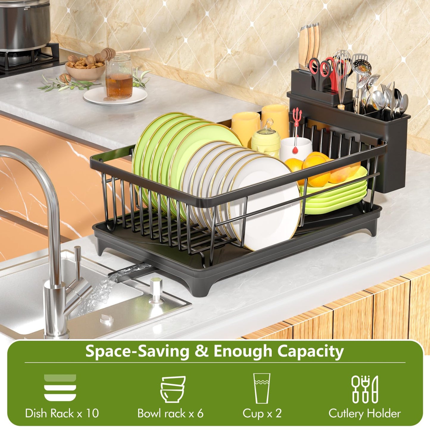 SavvyStor Dish Drainer Rack - Space Saving Dish Rack for Kitchen Counter, Kitchen Dish Drainer with Utensil Holder, Drain Board, Black
