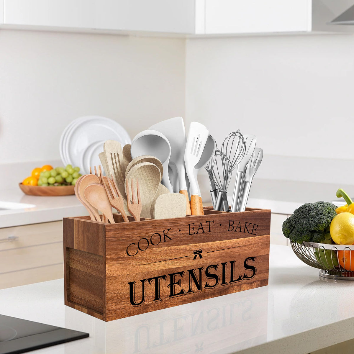 Suli Acacia Wood Utensil Holder for Kitchen Counter,Extra Large Utensils Holder with 4 Compartments,Caddy Organizer for Countertop, Farmhouse Kitchen Decor, Rustic Cooking Utensil-Acacia Brown