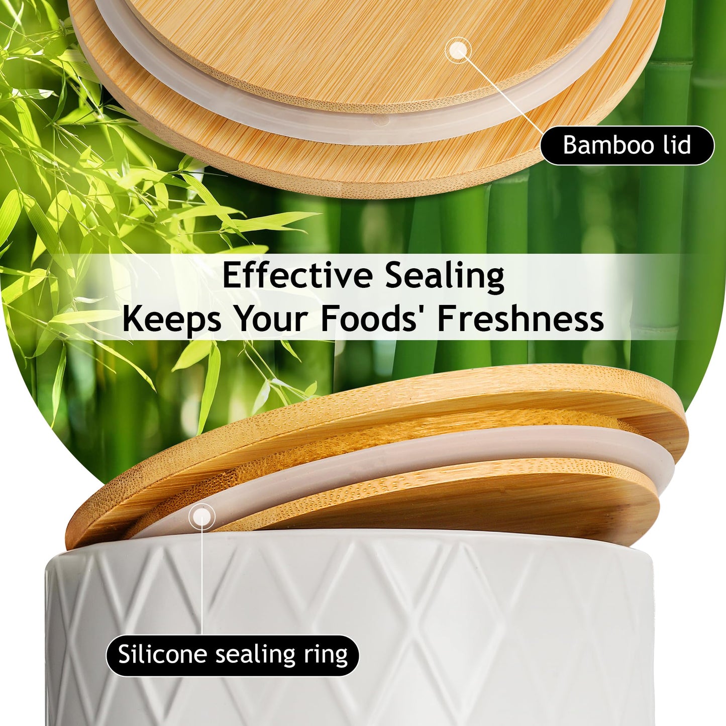 MIAMIO – Set of 3 Canister Sets for Kitchen Counter, Ceramic Kitchen Canister Set with Airtight Seal Wooden Lid - Perfect for Coffee, Tea, Sugar, Flour, Tea, Salt and More
