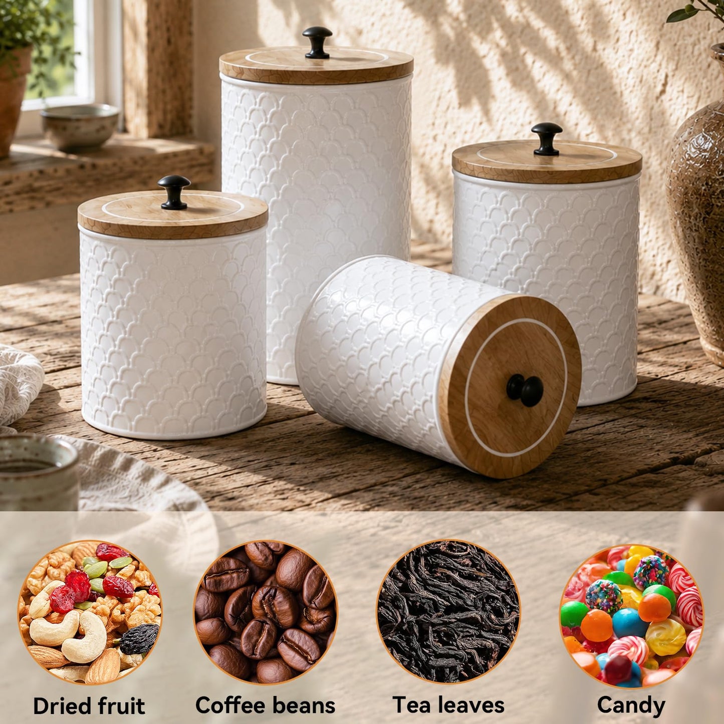 MODE HOME White Metal Kitchen Canister Set of 4 with Wooden Lids, Embossed Fish Scale Storage Containers for Coffee, Tea, Candy & Pet Treats, Farmhouse Decorative Food Jars