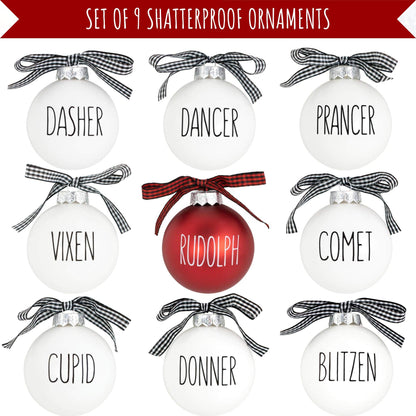 Buffalo Plaid Christmas Tree Ornaments - Set of 9 Shatterproof Bulbs - Farmhouse Reindeer Ornaments with Buffalo Check Bow - Compatible with Rae Dunn Rustic Decorations - Matte White & Red for Rudolph
