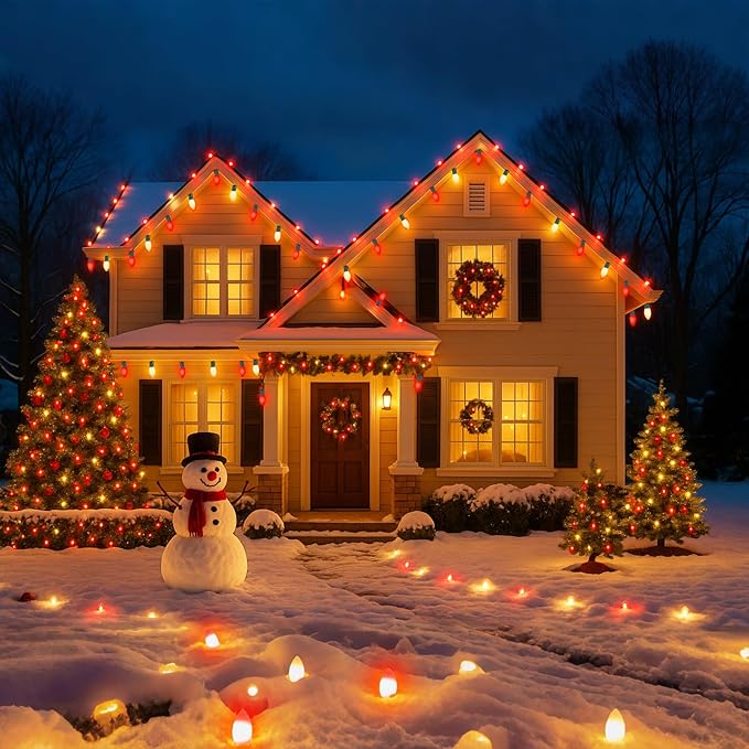 C9 Christmas Lights Outdoor, 100FT 100LED string Lights Waterproof Shatterproof, Extendable C9 Xmas Lights, Indoor Outdoor Christmas String Light for House Roof Patio Garden Party(Red & Warm White)